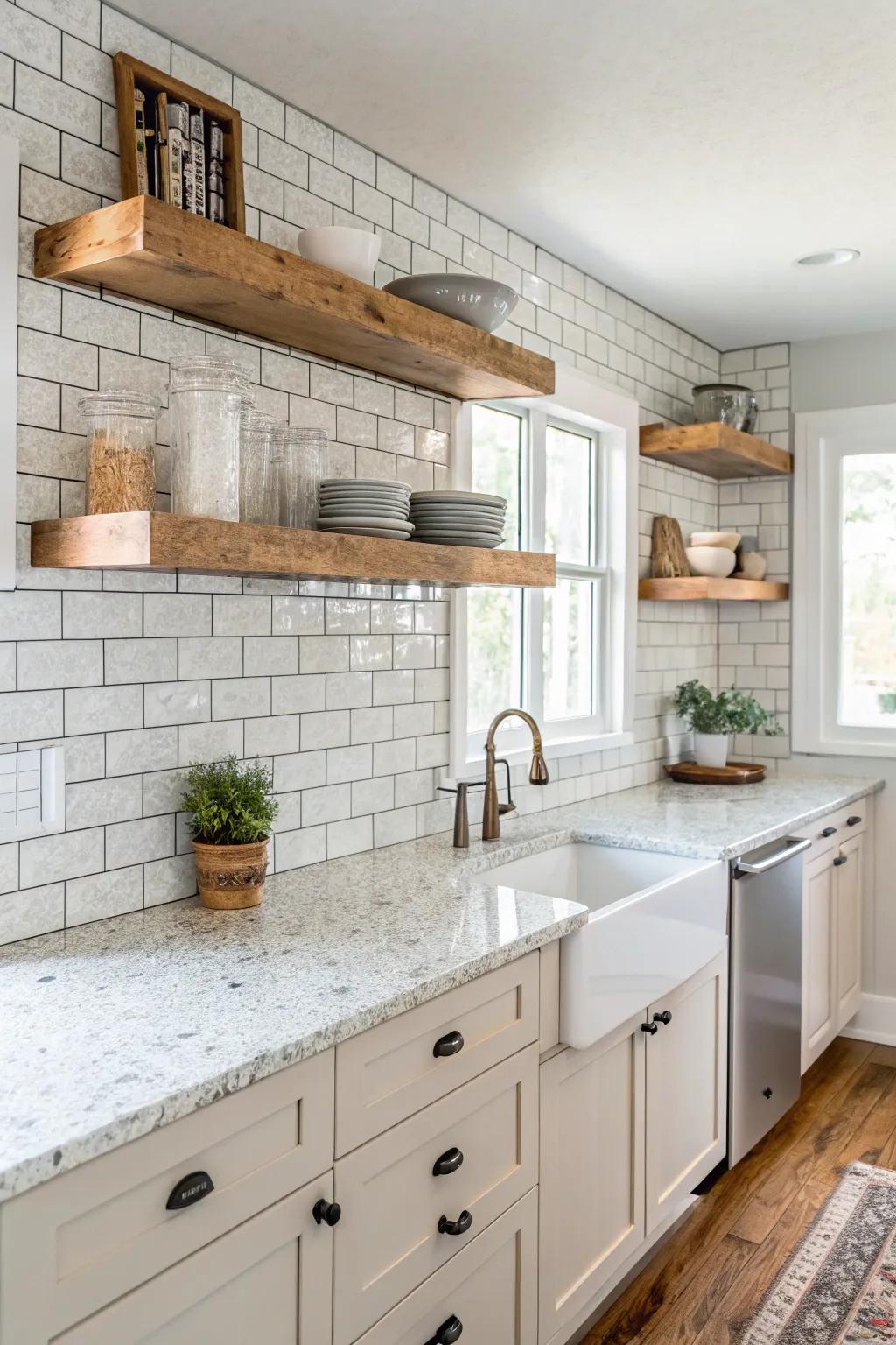 The unrefined charm of brick enhances the sleekness of white ice granite.