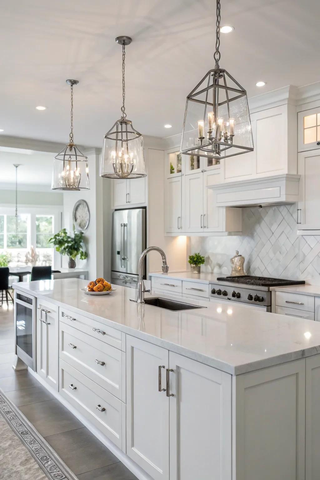 Gleaming white units create a stylish, modern ambiance in this airy kitchen.