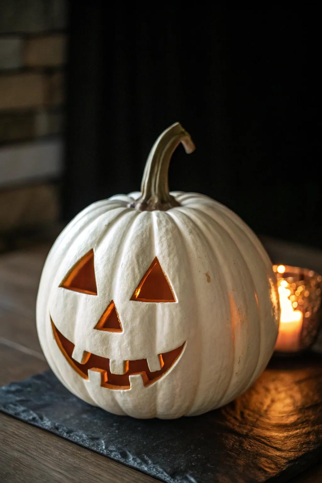 A traditional lantern with a twist, using a white pumpkin.