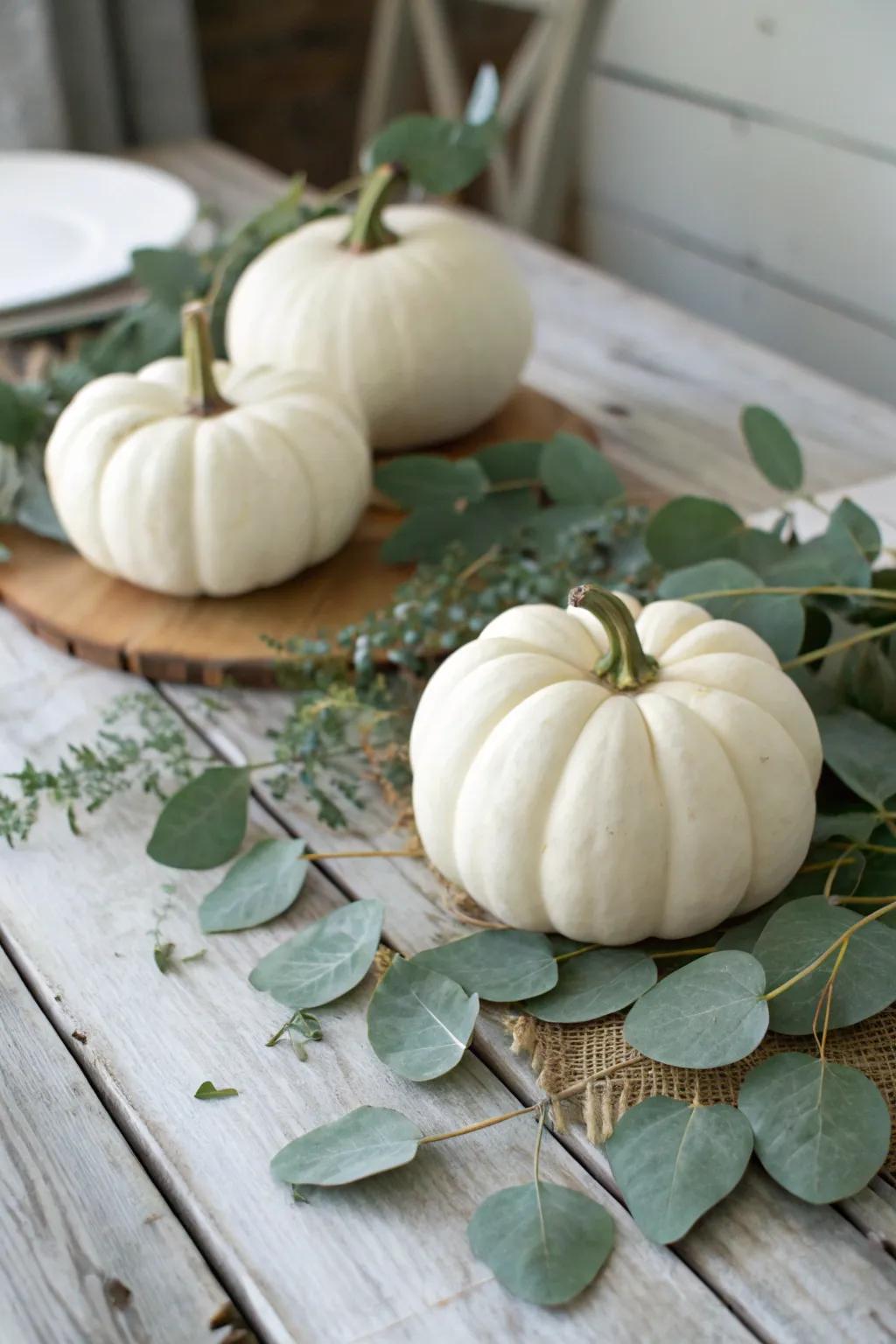 Greenery combined with white pumpkins for a natural element.