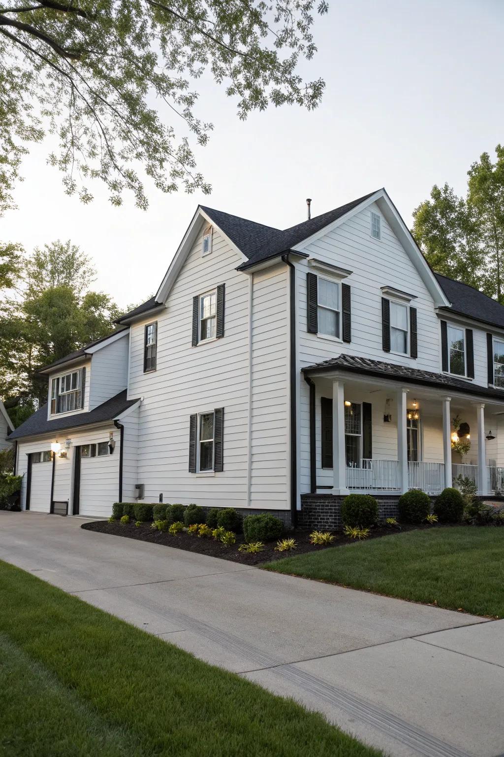 A house presenting a striking contrast using white vinyl siding and ebony accents.