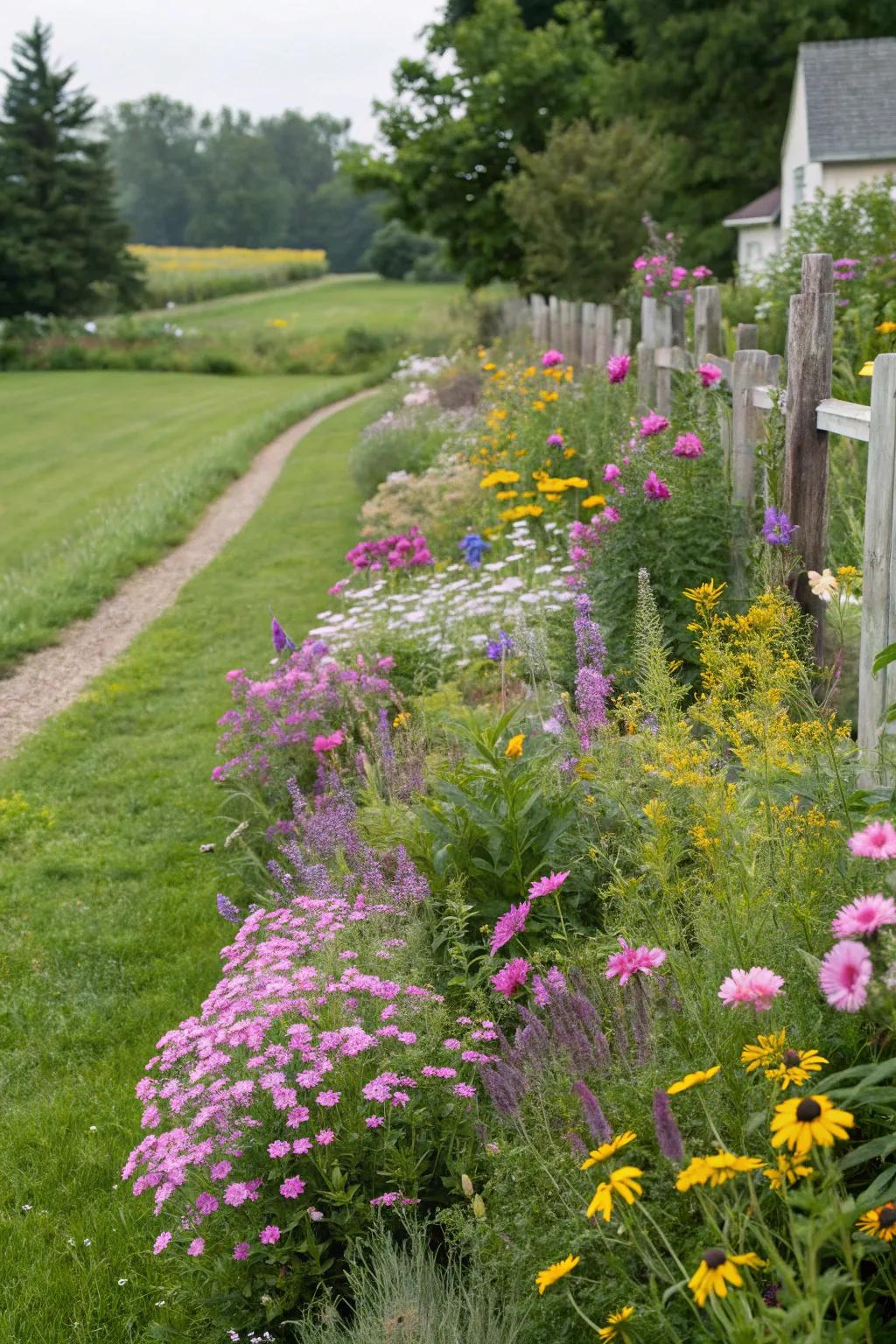 Blossoms creating natural borders in a garden scene.