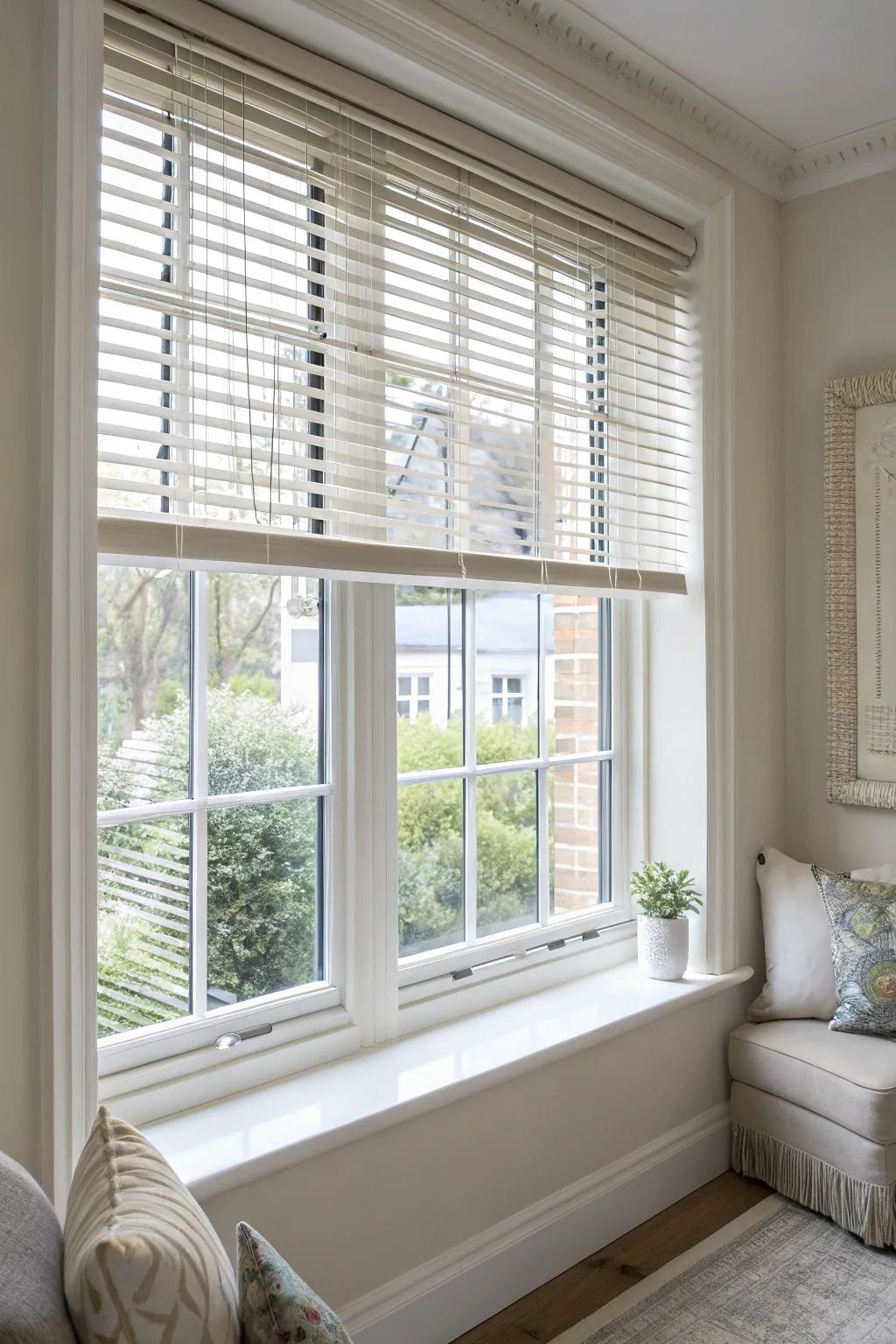 Blinds aligned with window transoms enhance architectural features.
