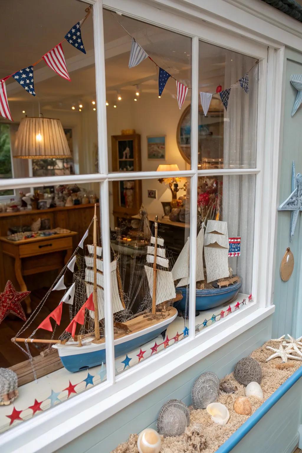 A window display with a nautical theme, ideal for summertime.