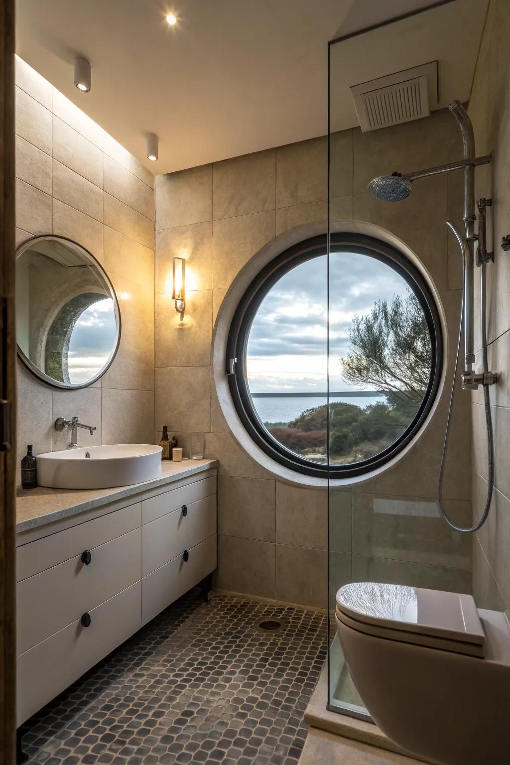 A circular window within the shower incorporates a distinctive architectural aspect to the bathroom.