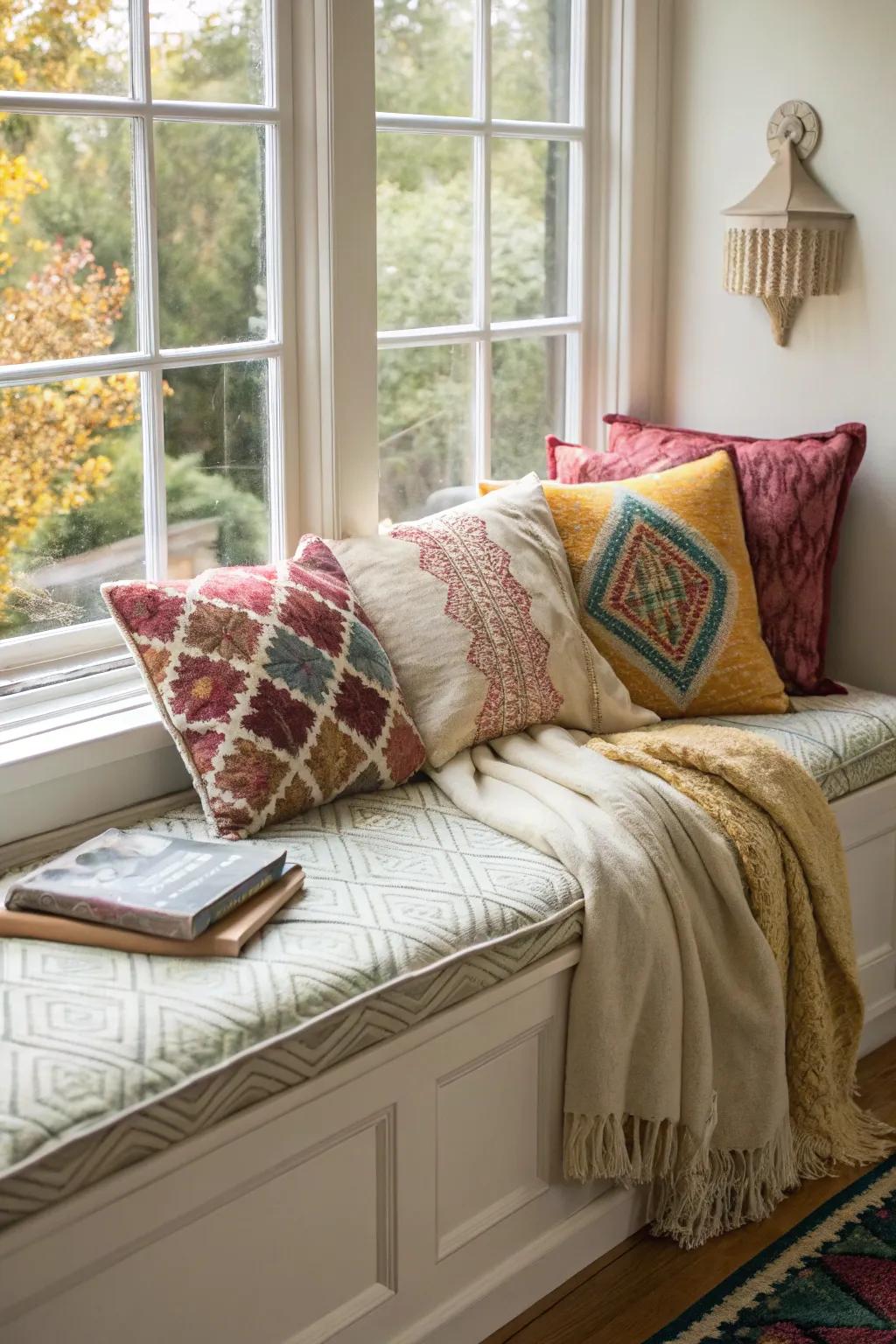 A window seat decorated with a collection of plush cushions, which enhances its appeal and coziness.