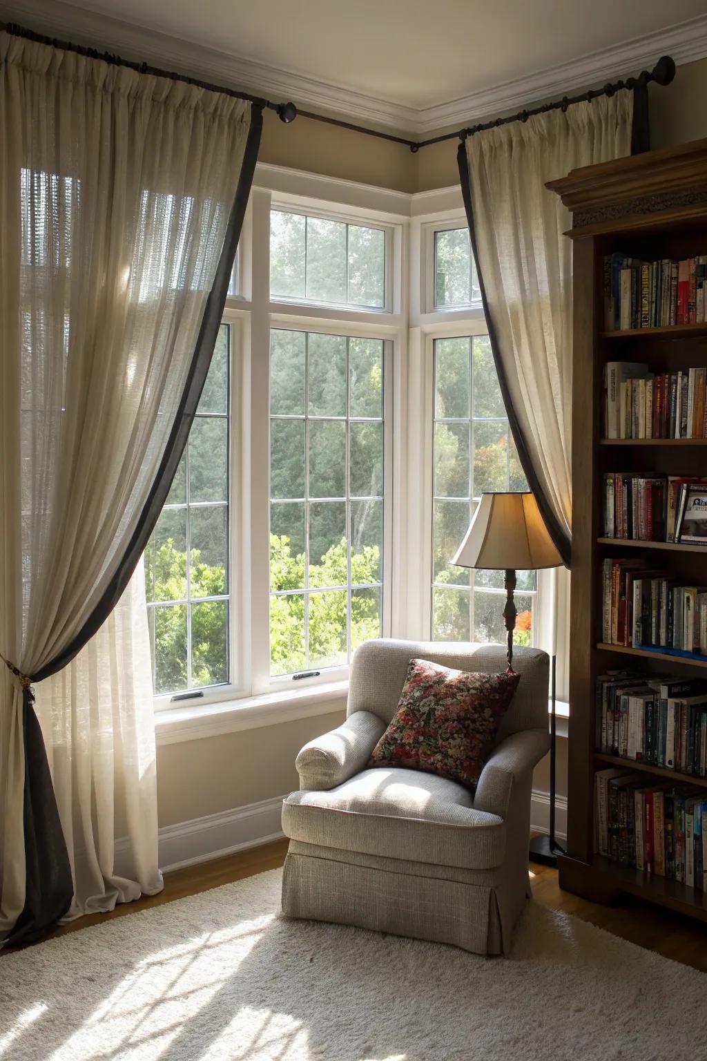 Layered curtains offer style and versatility.