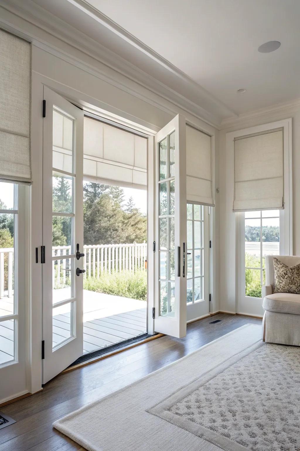 Roller blinds proffer a svelte, modern visage for French doors.