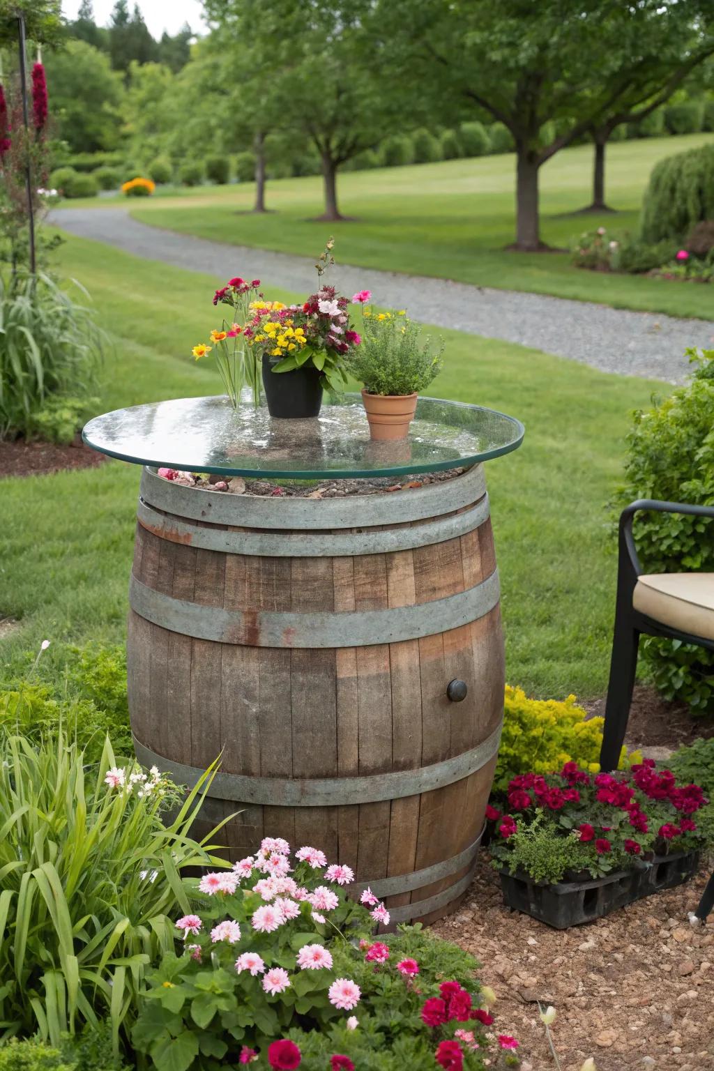 A wine barrel table that provides dual benefits.