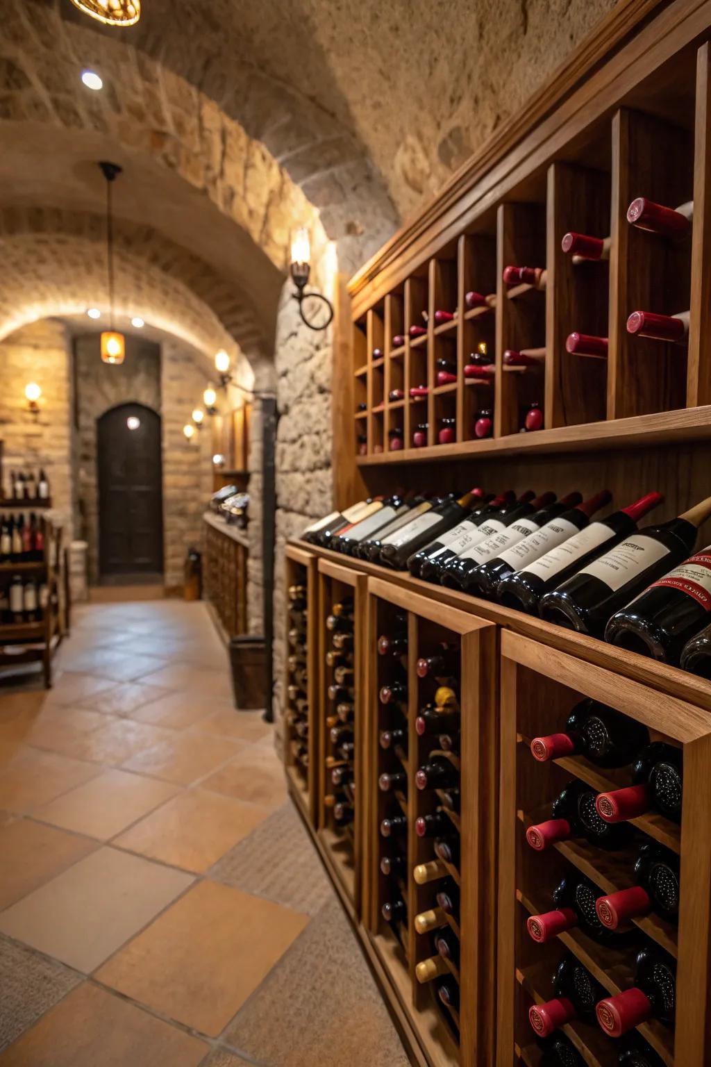 Wine cellar featuring soft ambient lighting creating a warm atmosphere.