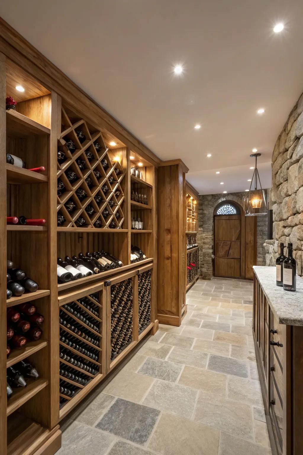 Refined settled lighting adding sophistication to the wine room.
