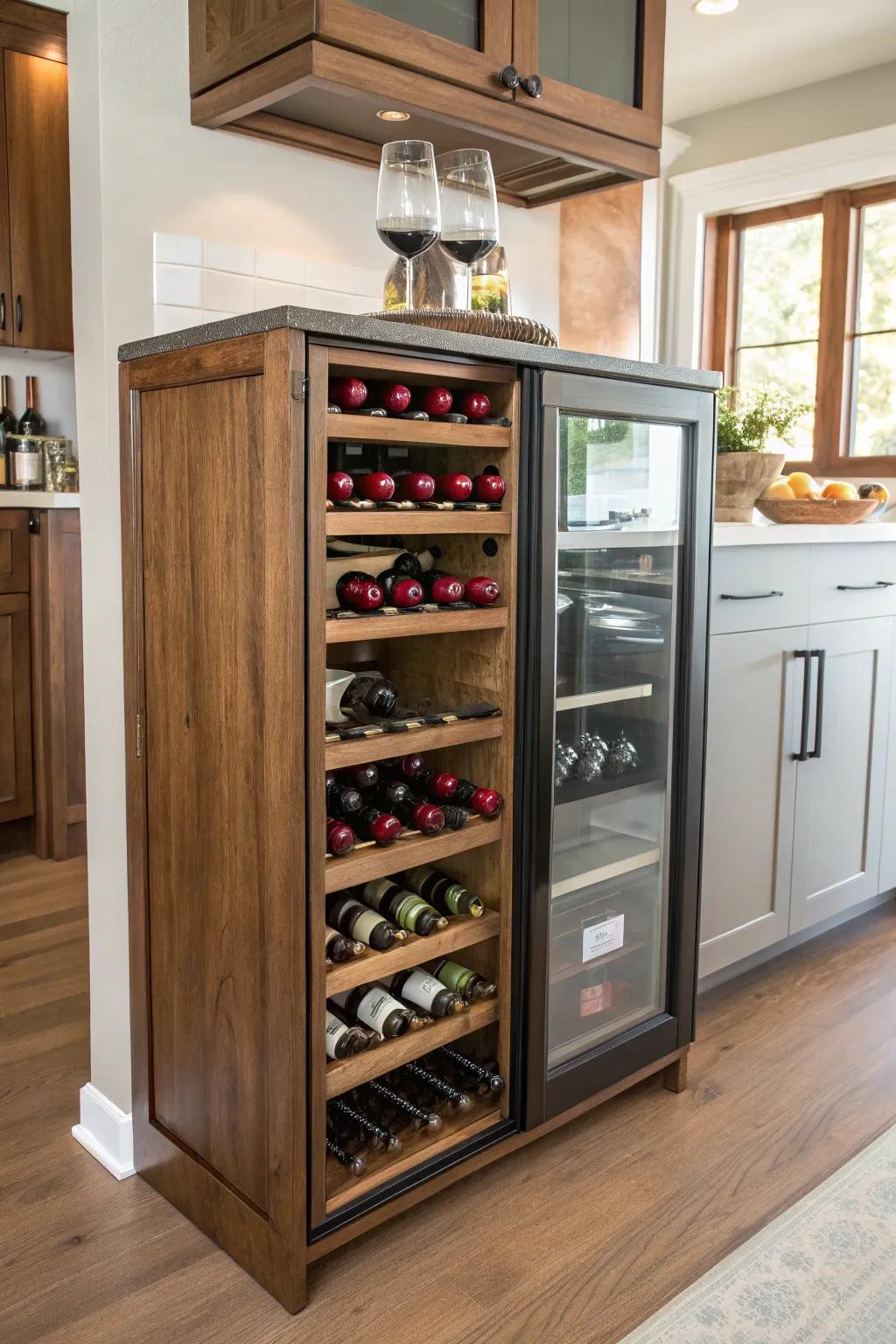 A compact wine cellar unit adds a touch of refinement and organizational flair.