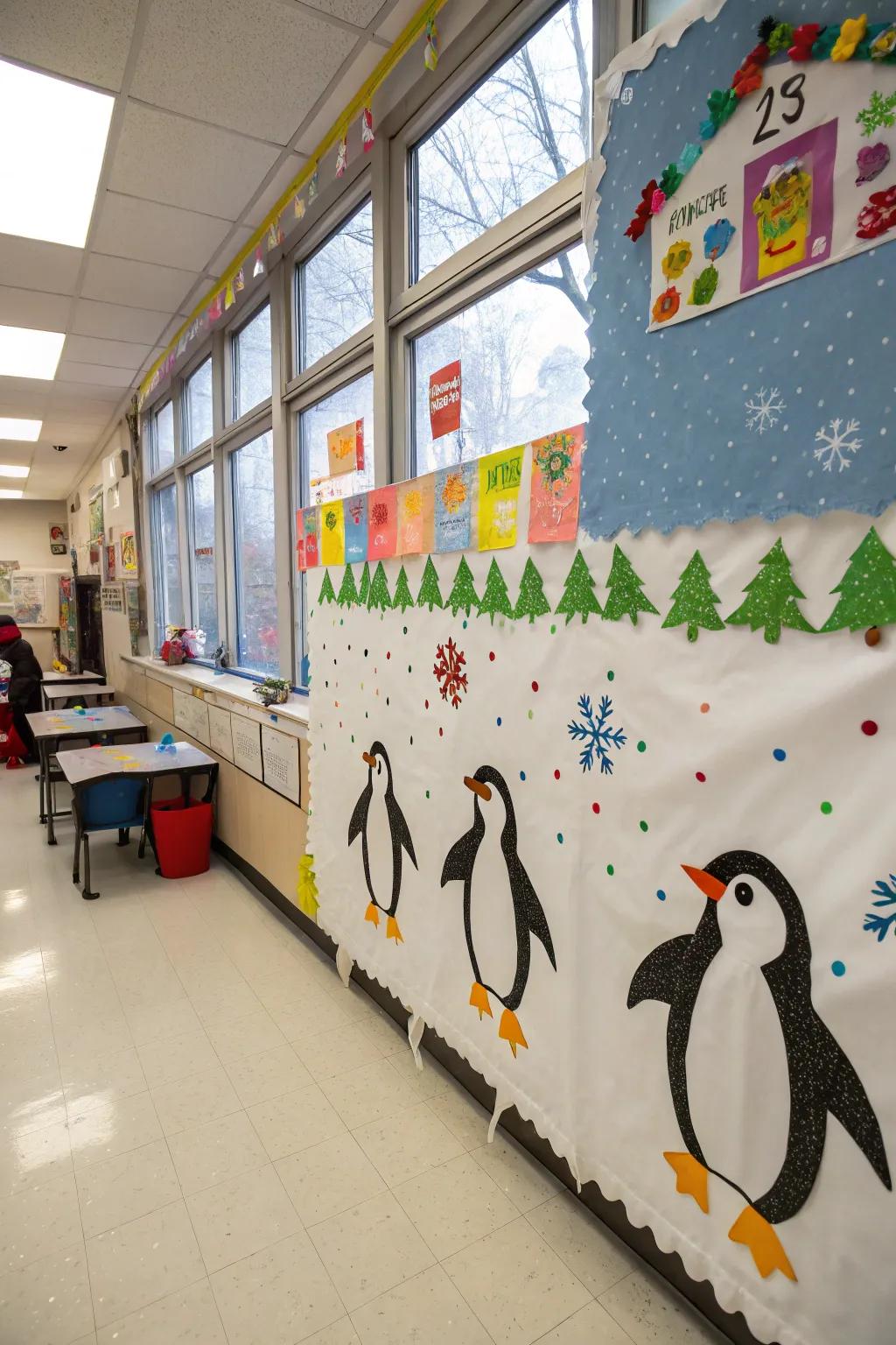A procession of antarctic birds infuses allure into the winter bulletin board.