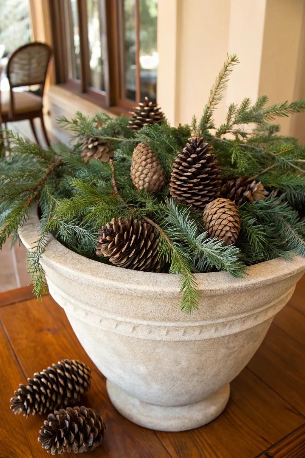 Pinecones enrich your winter planter designs with their textured touch.