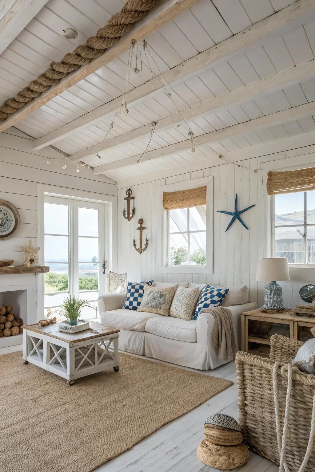 White-painted wood fashions an airy coastal atmosphere.