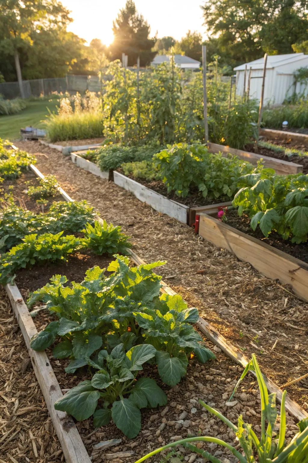 Wood chip mulch assists in sustaining moisture and managing weeds within vegetable gardens.