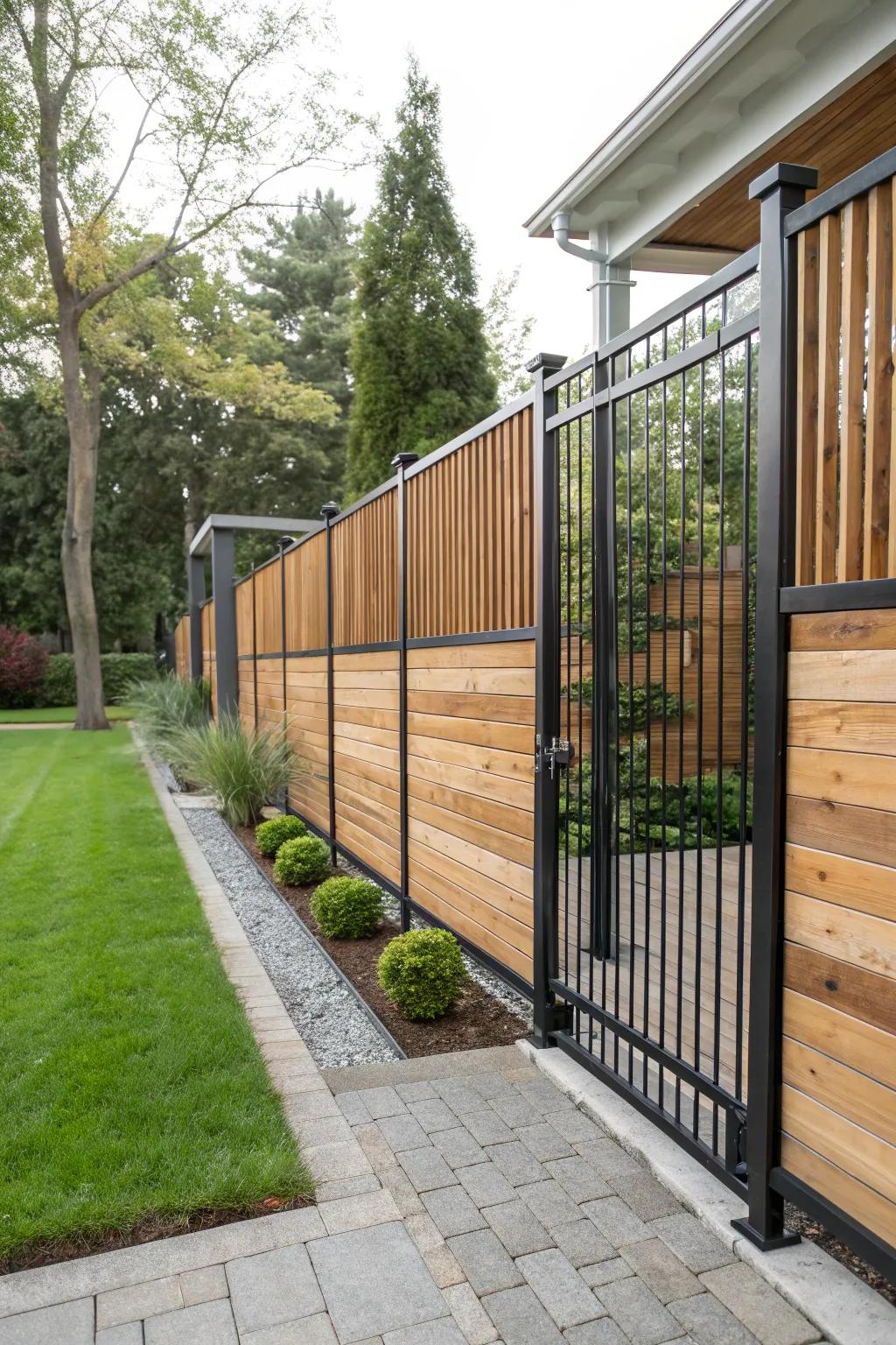Combining different materials adds a distinctive and contemporary twist to wooden fences.