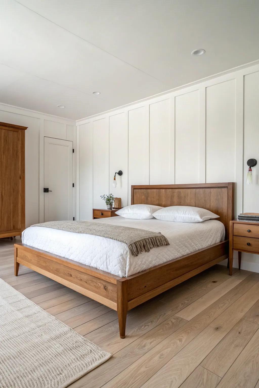Streamlined and minimalist modern-century wood bed structure