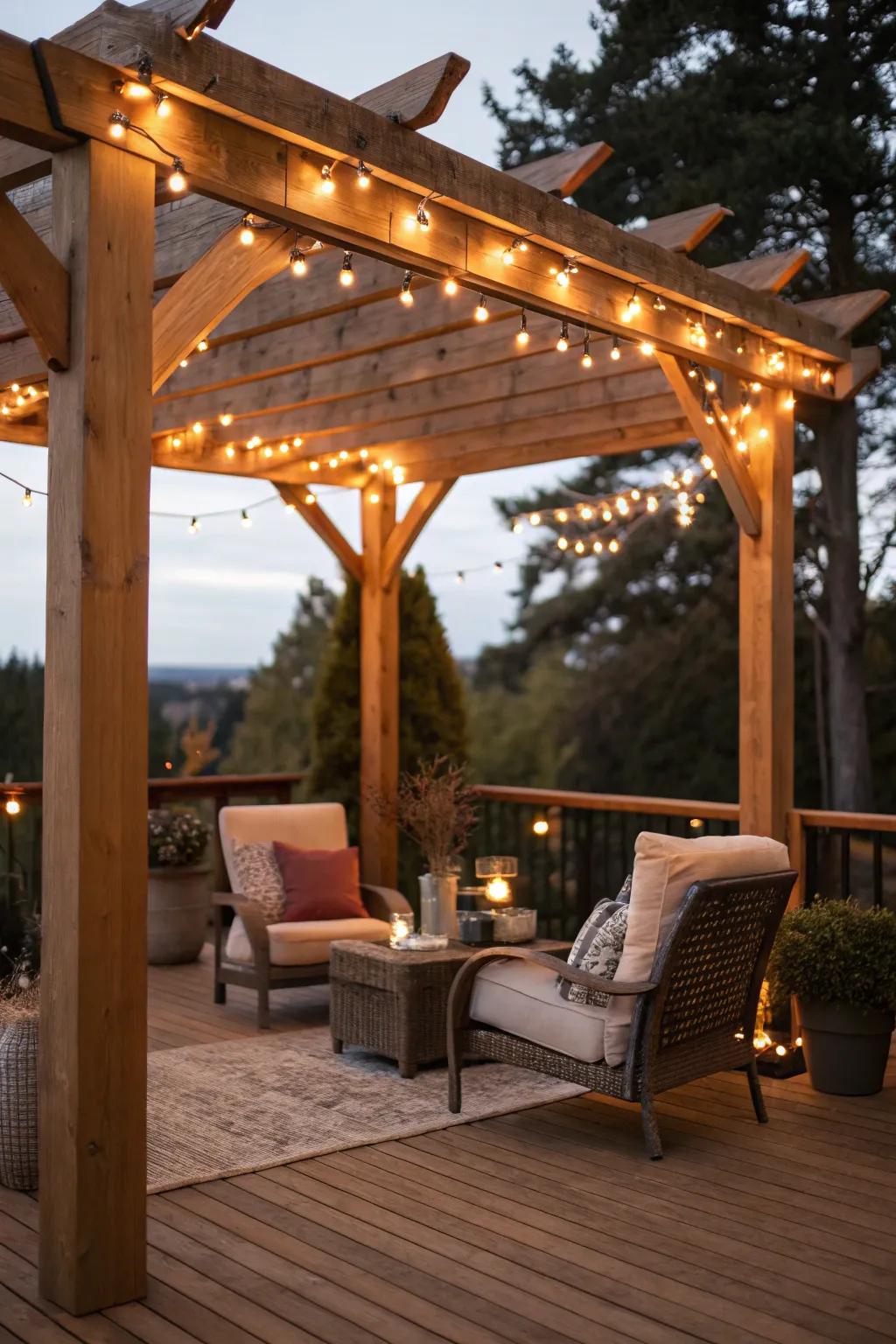 A warmly illuminated patio shelter perfect for evening unwinding.