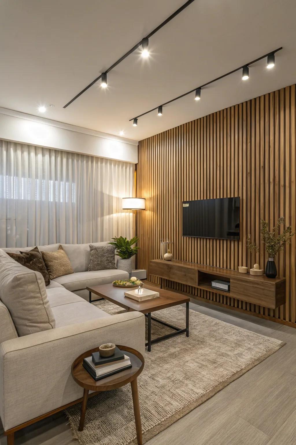 Create a statement with a wood slat accent wall.