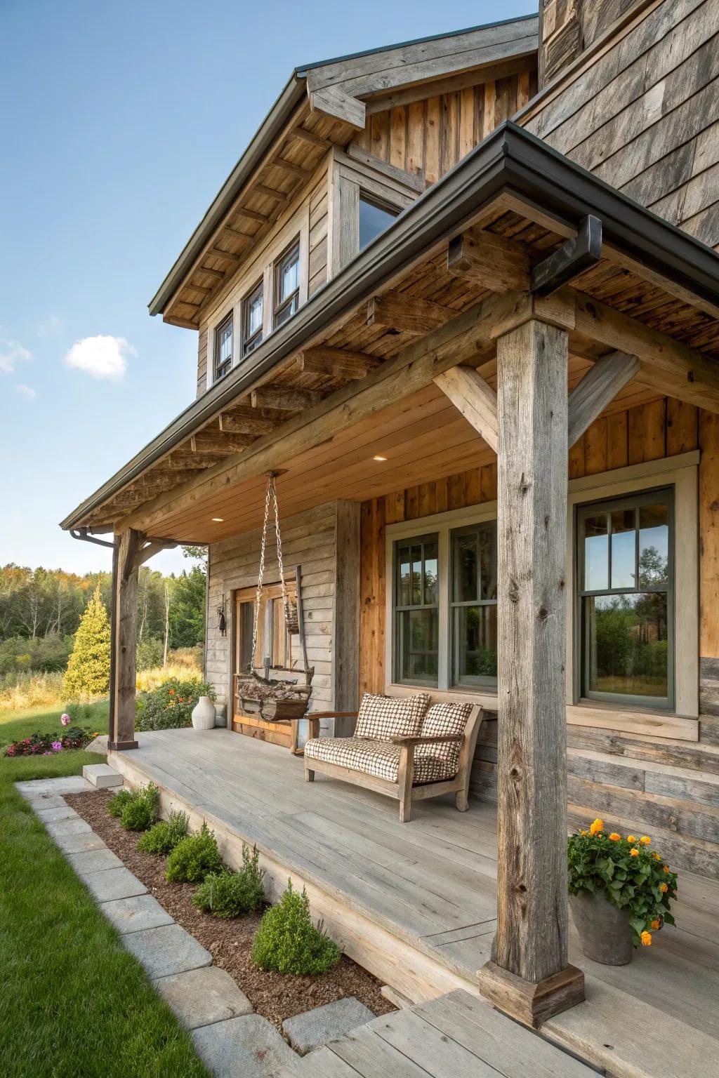 Upcycled wood soffits grant countryside appeal and sustainability.