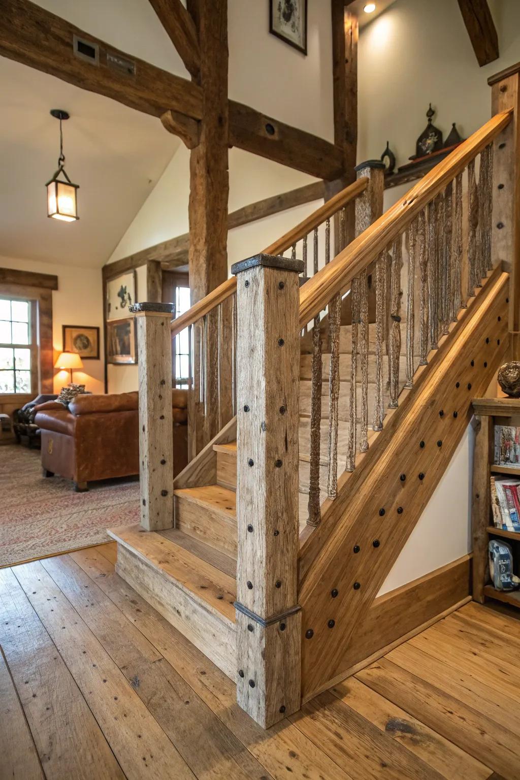 Down-to-earth appeal: repurposed wood railing full of character.