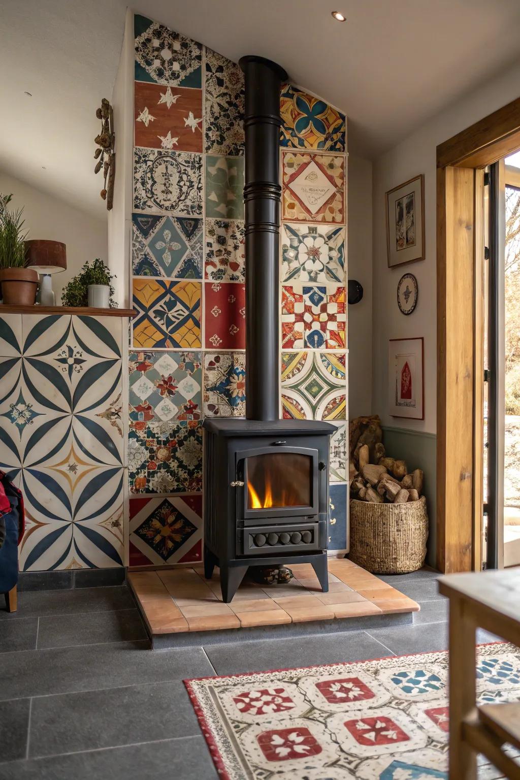 Geometric tiles fashion a stunning visual point of interest around a wood burner.