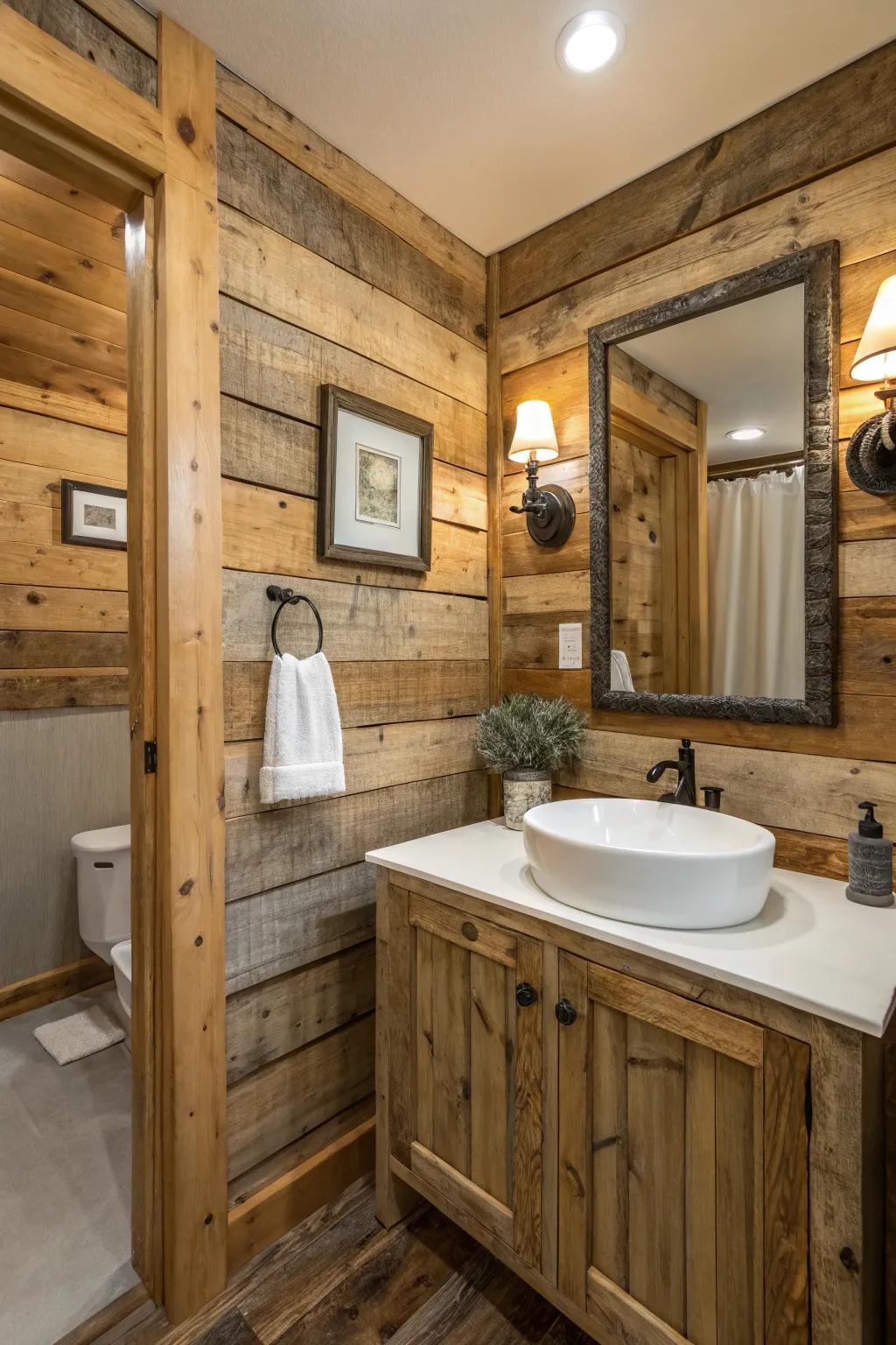 A bathroom showing the beauty of restored wood walls.