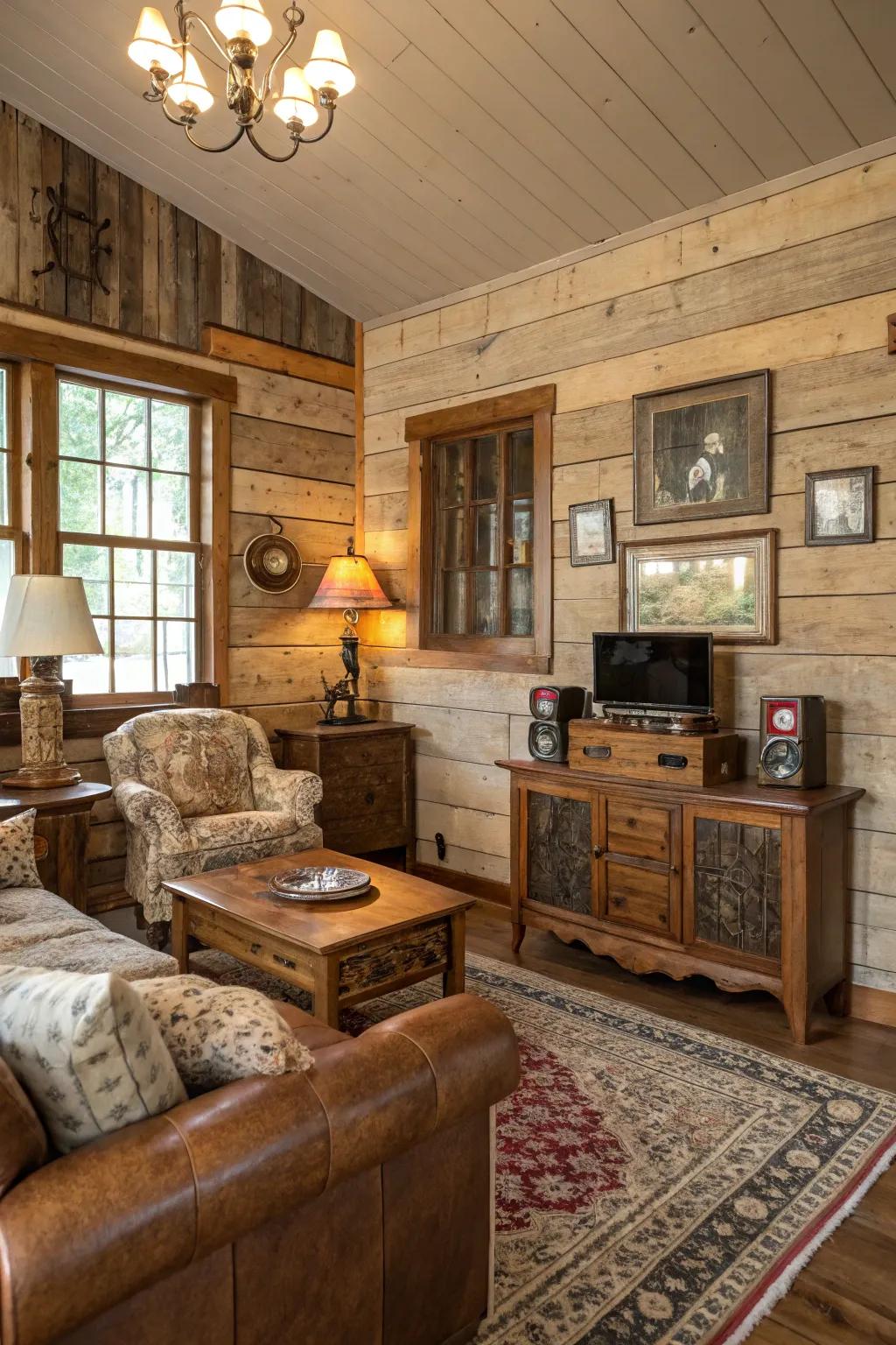 A lounge showcasing rustic, textured timber panel walls.