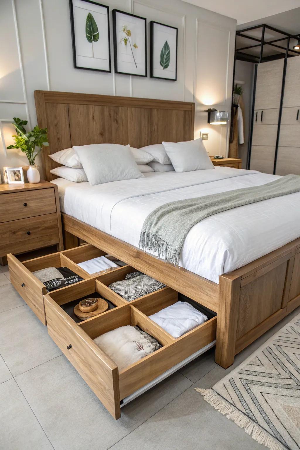 A wooden bed equipped with clever storage solutions.