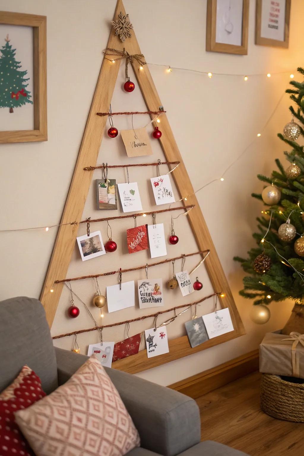 A sleek wall-mounted tree perfect for presenting greetings and ornaments.