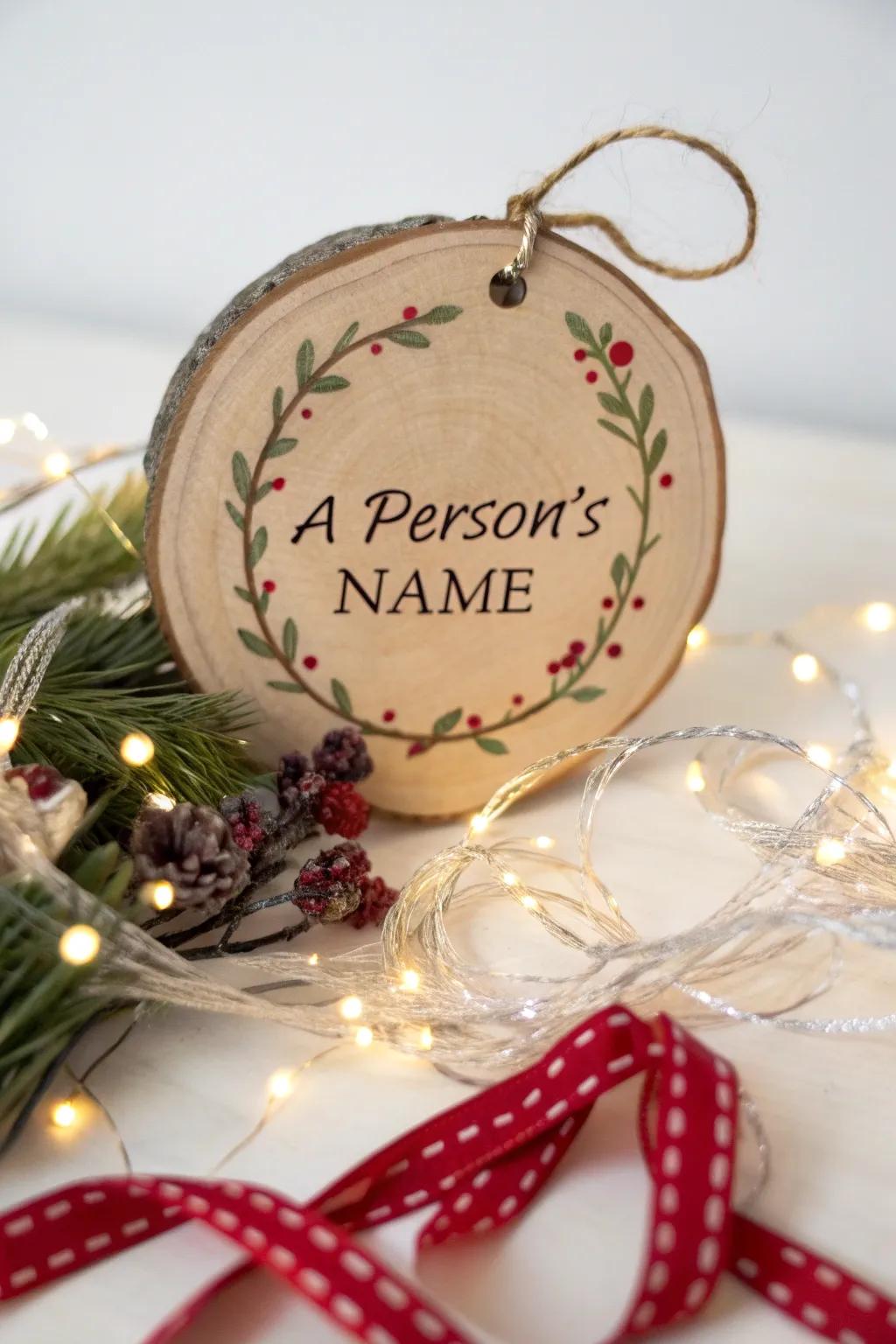 Customized wooden disc ornament showcasing elegant penmanship.