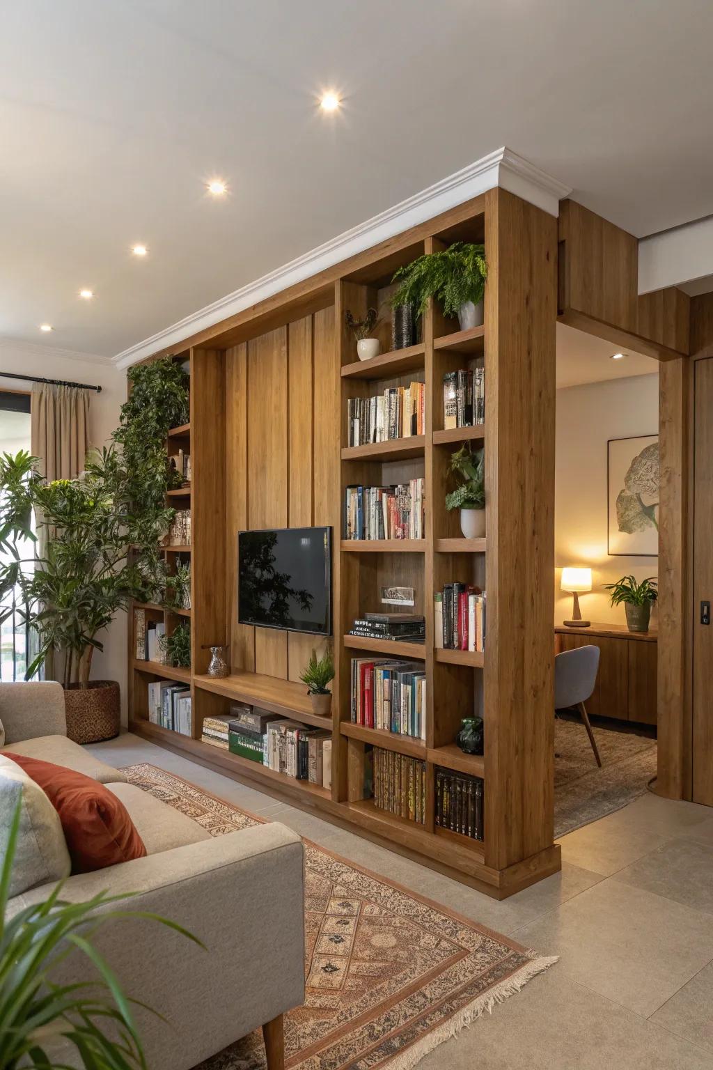 Shelving integrated within a wood screen offers functional storage and fashionable display.