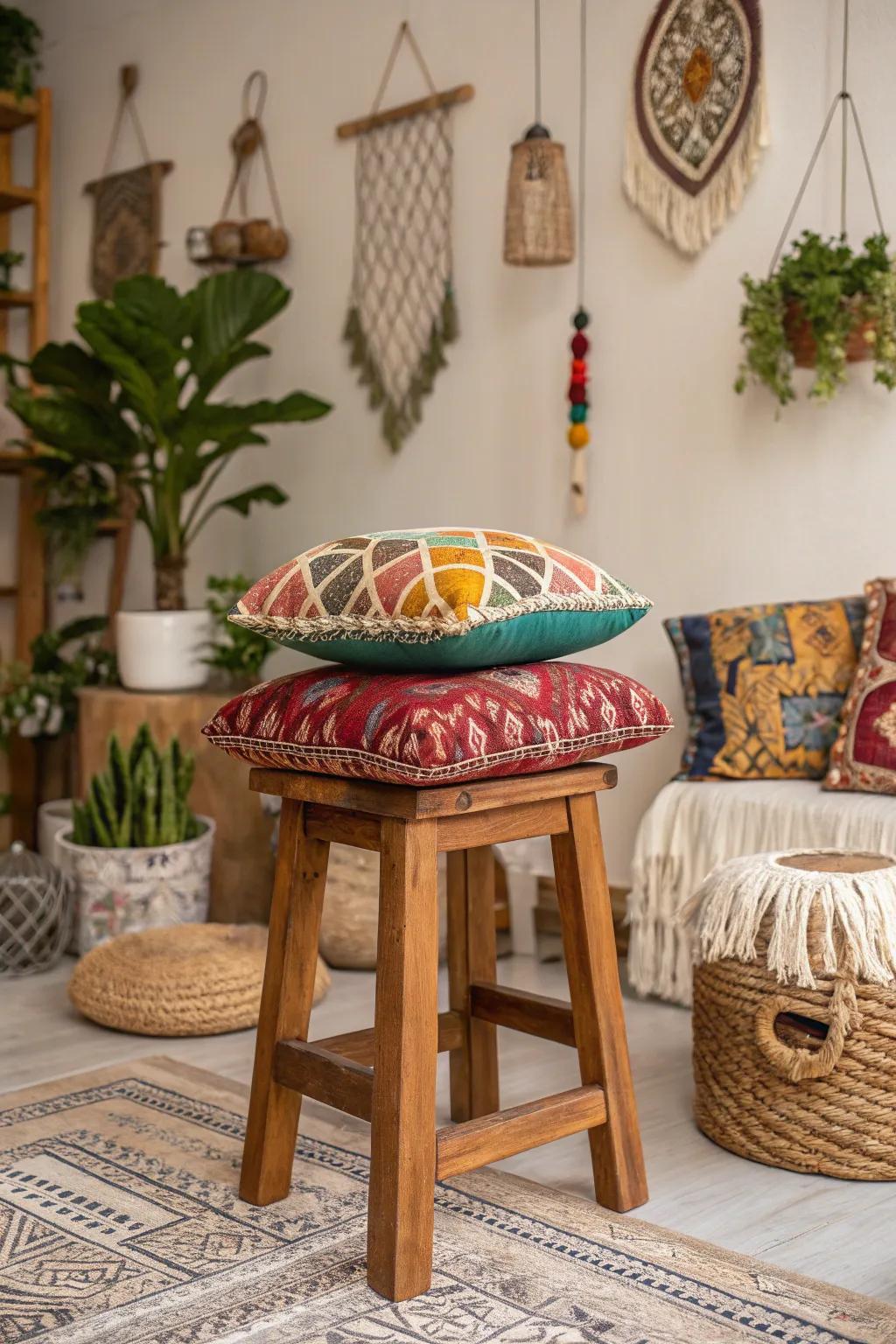 A bohemian wooden stool brings color and an interesting tactile element to your decor.