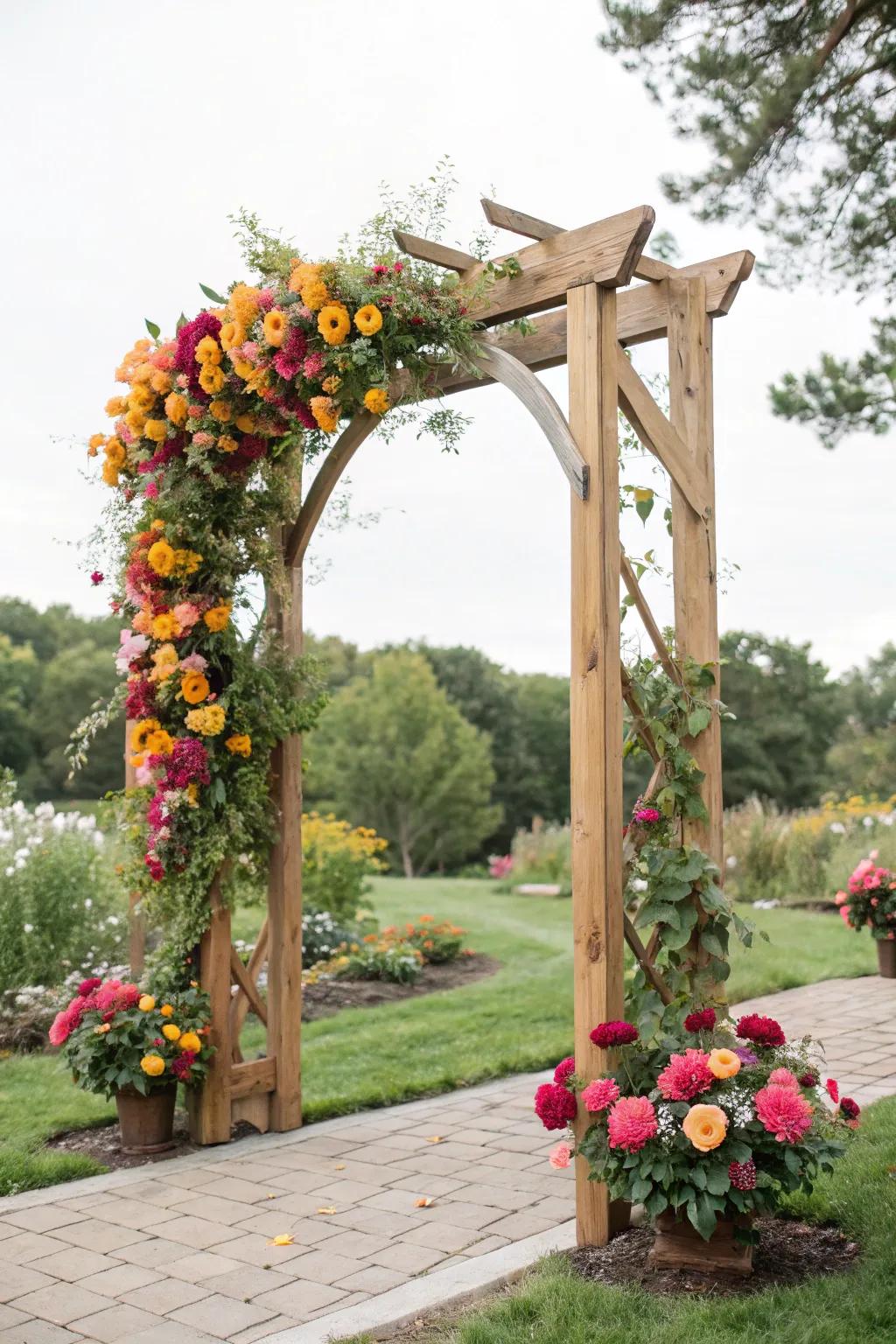 In-season flowers infuse vibrant energy into your wedding arch.