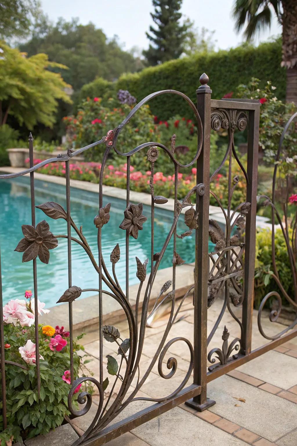 Artistic forged metal designs bring a personal touch to this pool area.