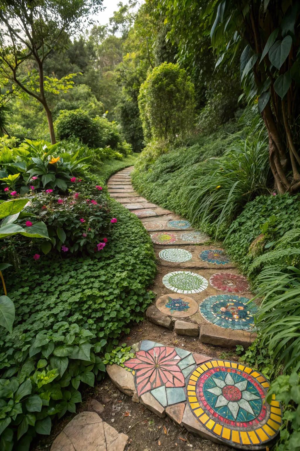 Artistic footstones compose an innovative route through the garden.