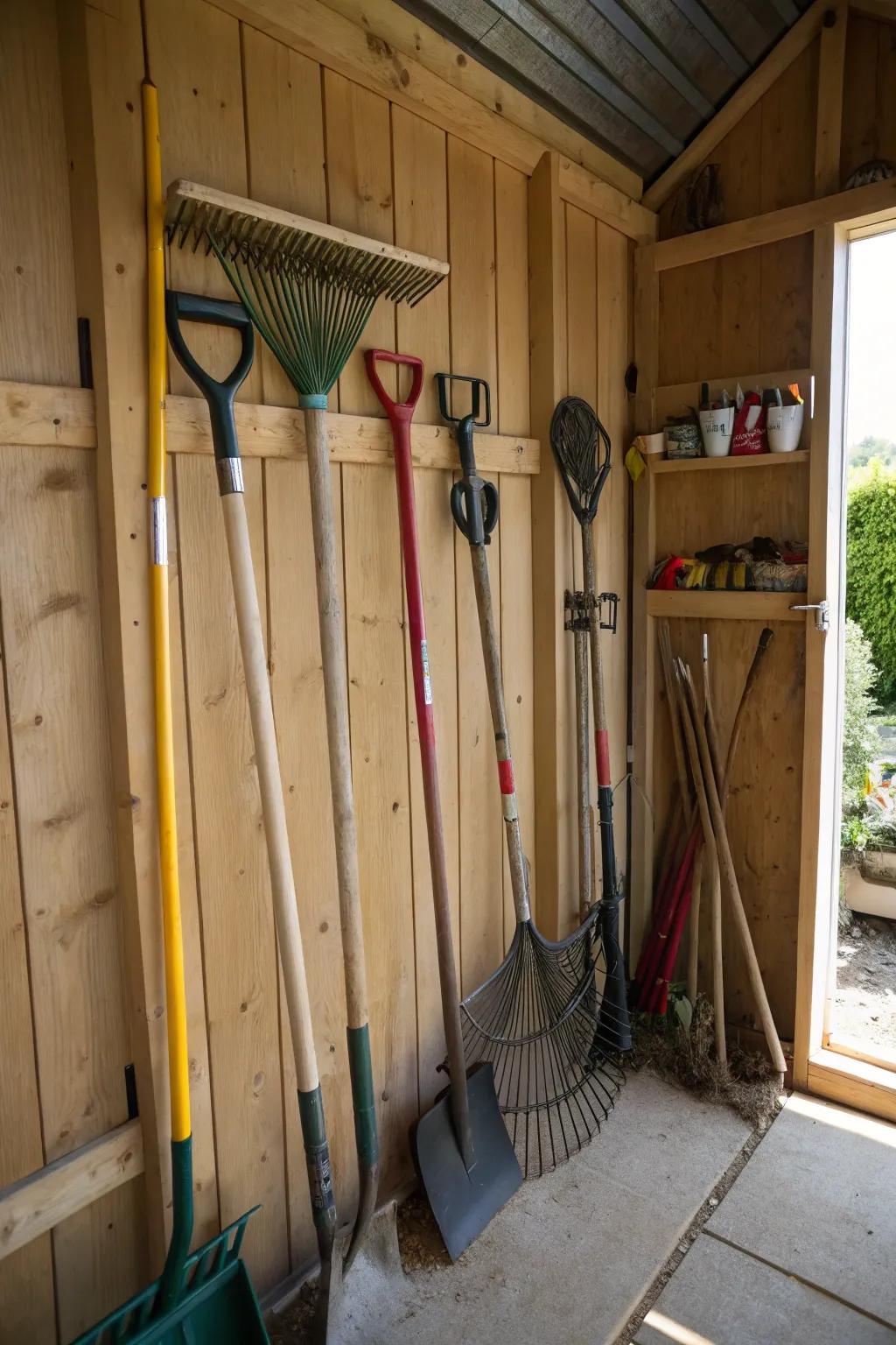Upright storage maintains long tools organized and within reach.