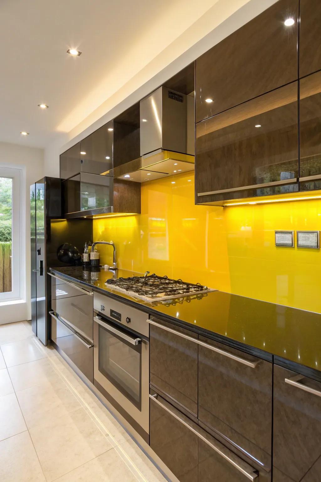Goldenrod glass sheets fashion a sleek and glossy backsplash.