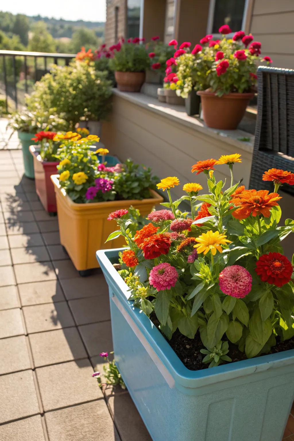 Vibrant vessels brimming with zinnias, brightening a snug patio area.
