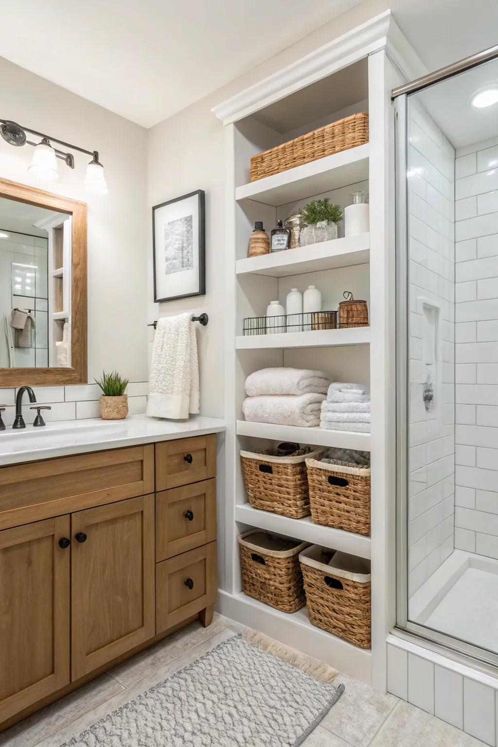 Intelligent storage methodologies utilizing high-mount cupboards paired alongside shelving units.