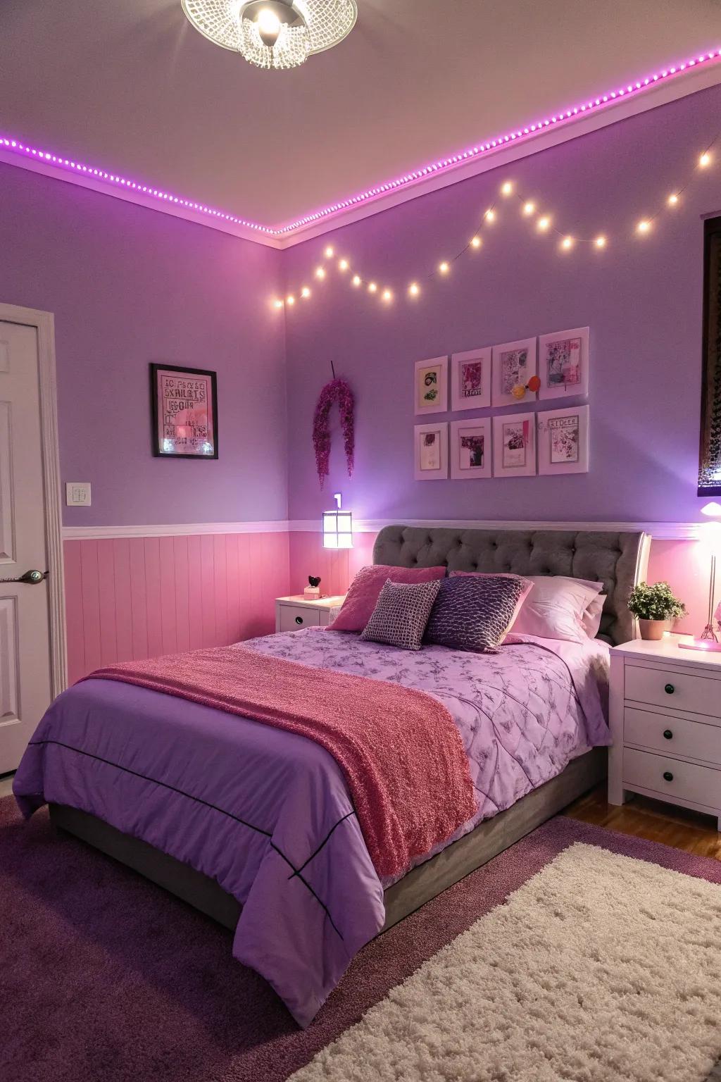 A balanced violet and rose themed bedroom showcasing LED illumination.
