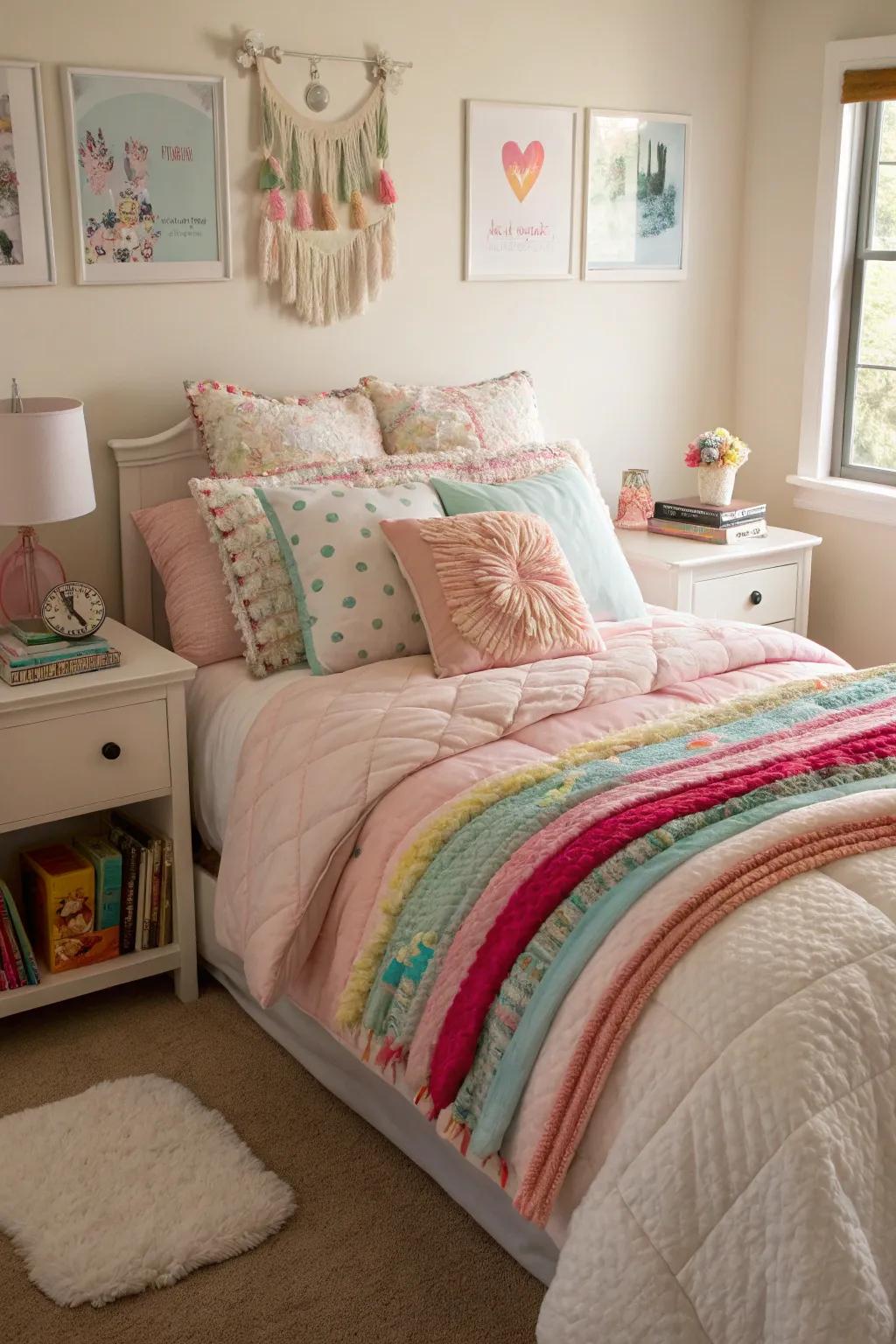 An inviting and comfortable bed featuring layered bedding.