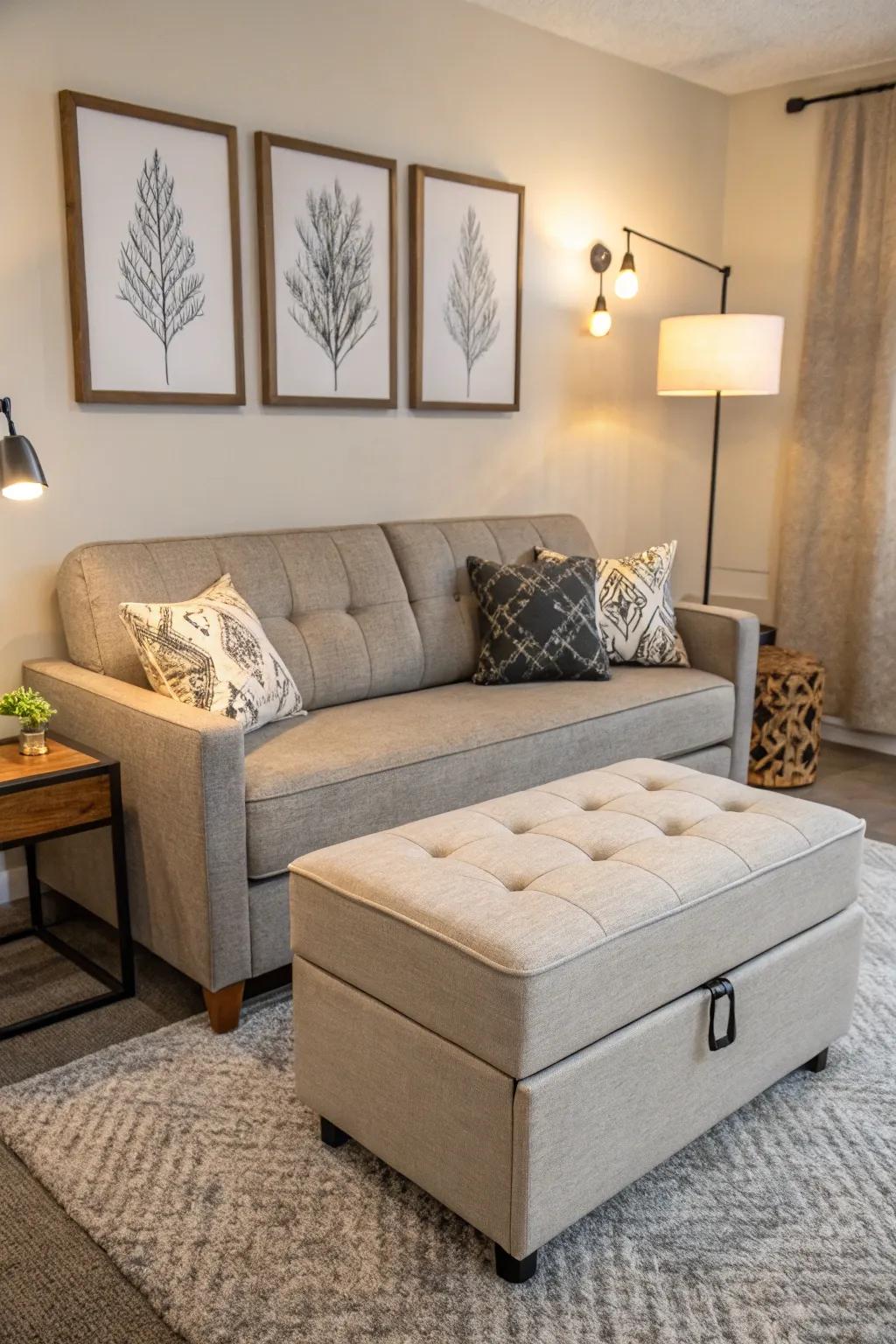 Dual-purpose furnishings are essential for maximizing area in a condo.