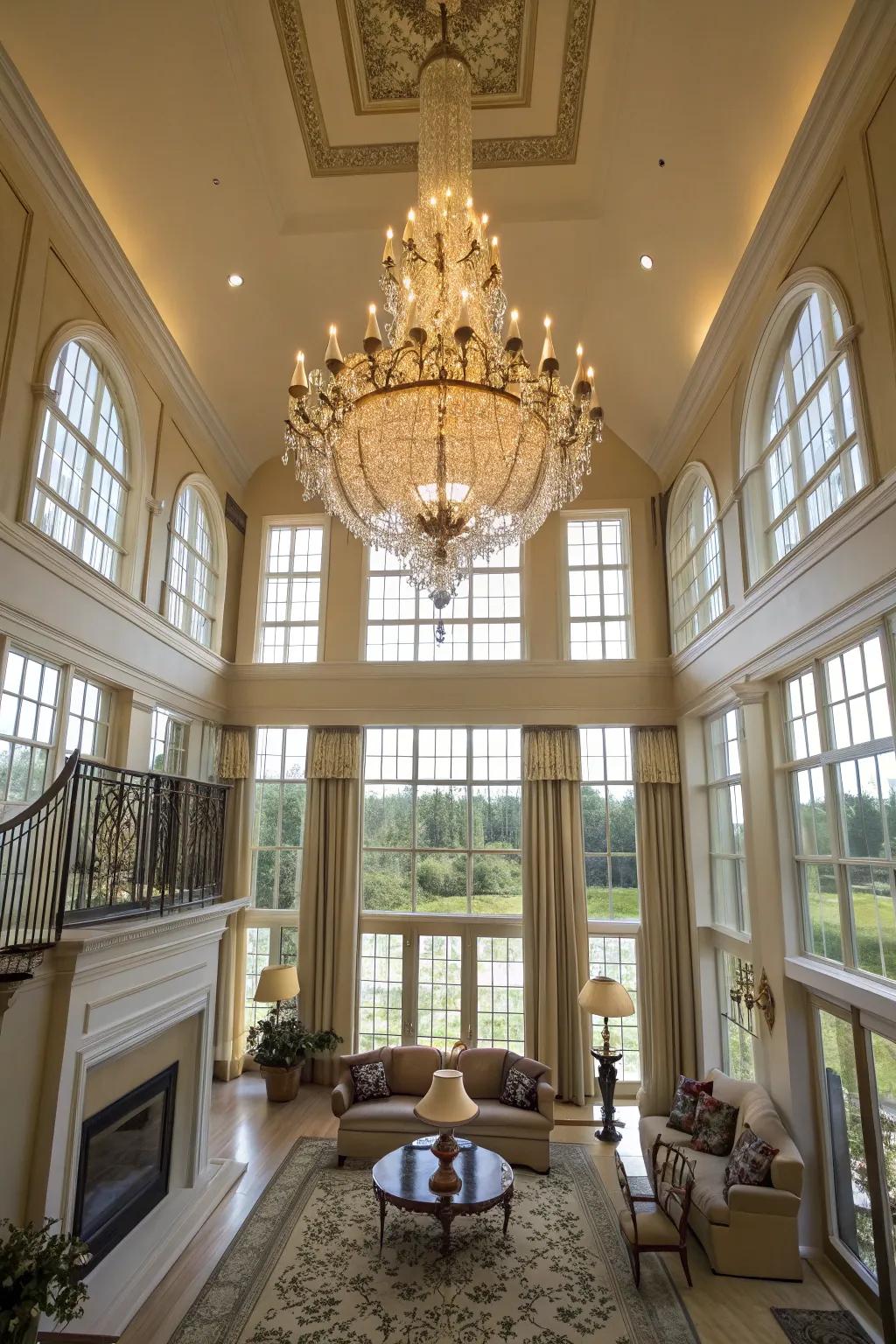 A grand chandelier brings drama and sophistication to the great room.