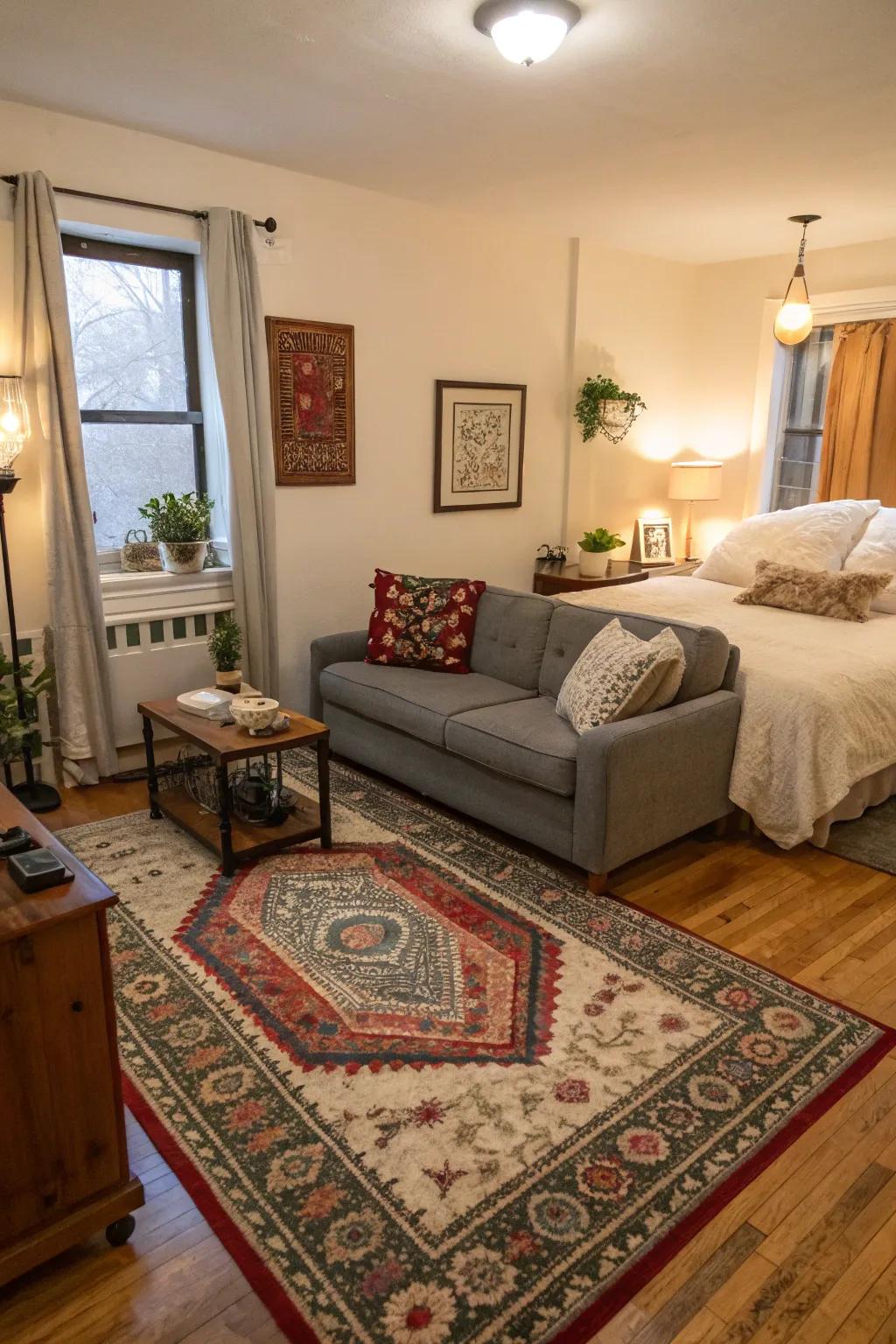 Identify areas within your studio by using elegant rugs for successful zoning.