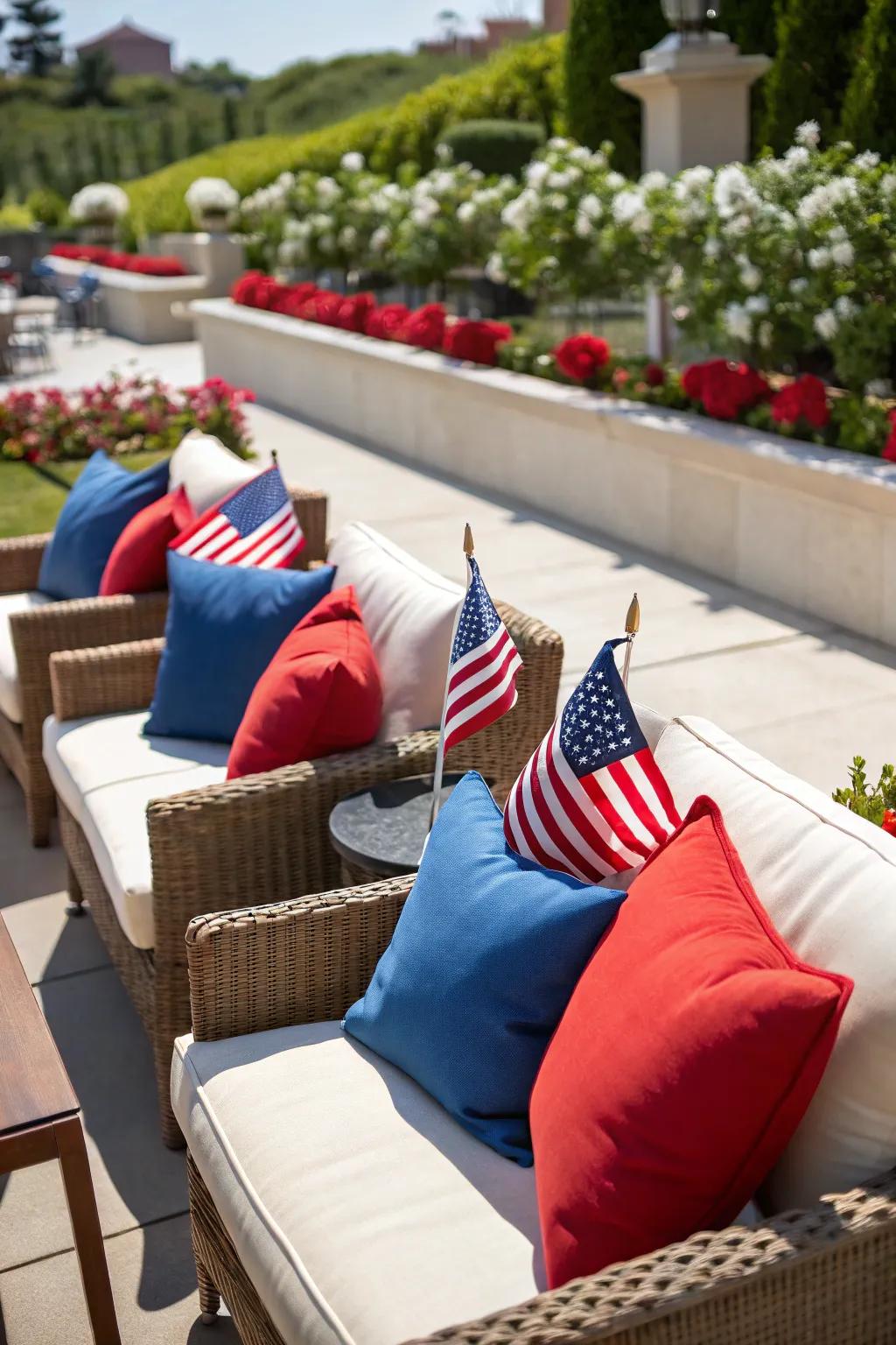 Design an appealing outdoor space using themed pillows and flags.