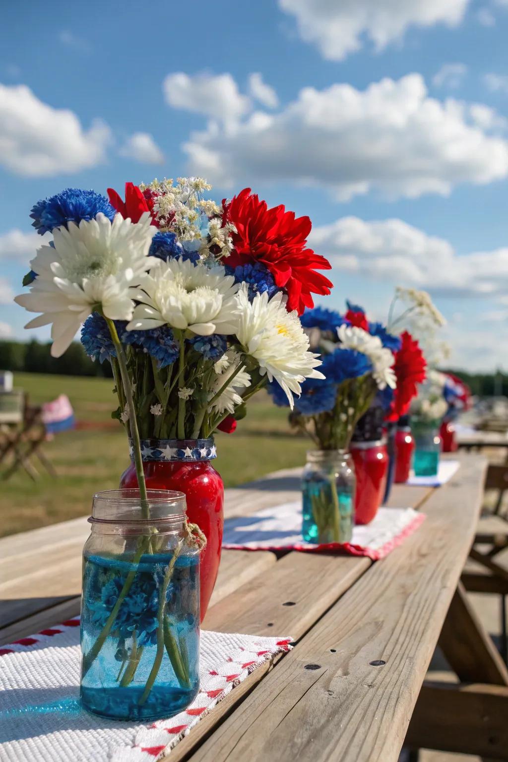 DIY flower centerpieces add a touch of elegance to your picnic setting.