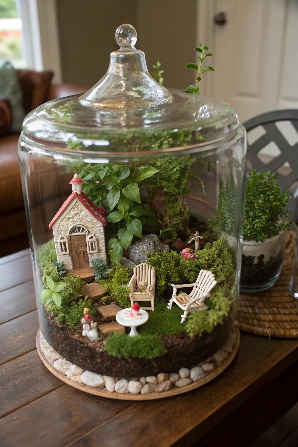 A fanciful enchanted garden terrarium with charming details.