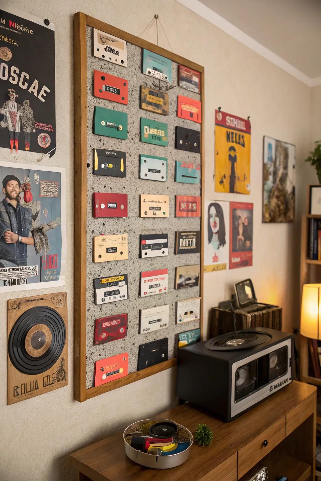 Cassettes functioning as pushpins on a retro-themed pinboard.